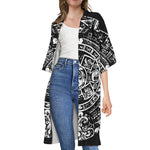 Black And White Maya Calendar Print Open Front Beach Cover Up