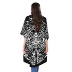 Black And White Maya Calendar Print Open Front Beach Cover Up
