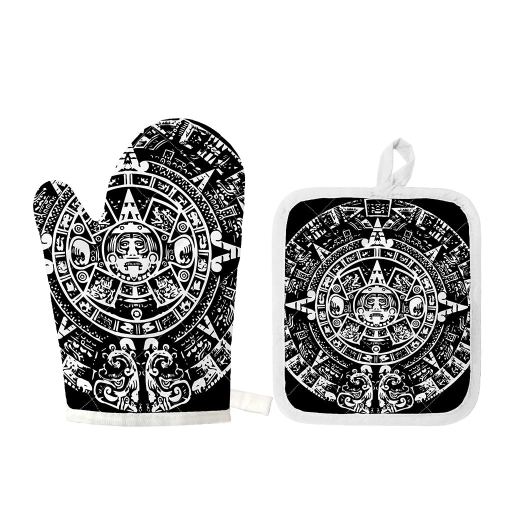 Black And White Maya Calendar Print Oven Mitt And Pot Holder Set