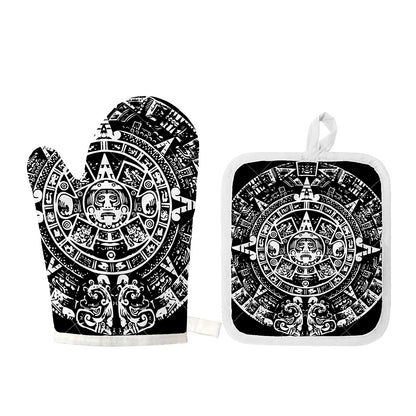 Black And White Maya Calendar Print Oven Mitt And Pot Holder Set