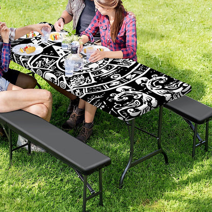 Black And White Maya Calendar Print Picnic Table Cover