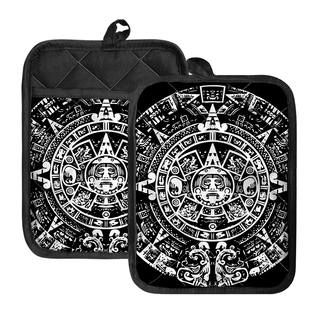 Black And White Maya Calendar Print Pot Holders With Pocket