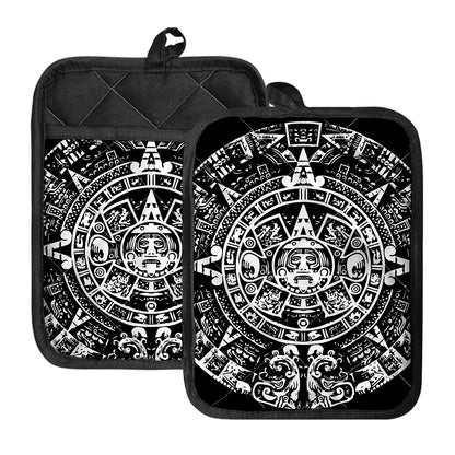 Black And White Maya Calendar Print Pot Holders With Pocket