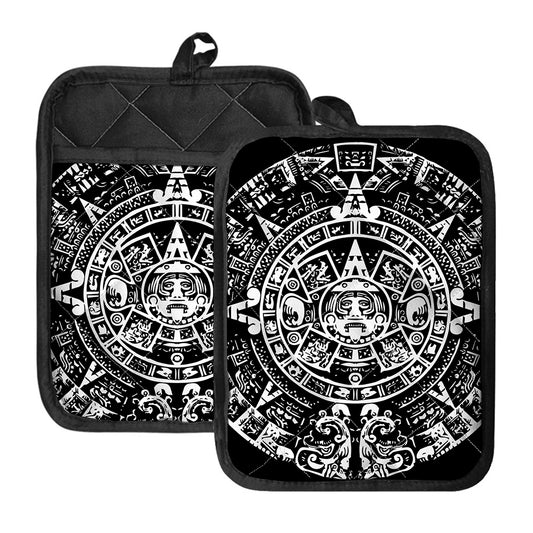 Black And White Maya Calendar Print Pot Holders With Pocket