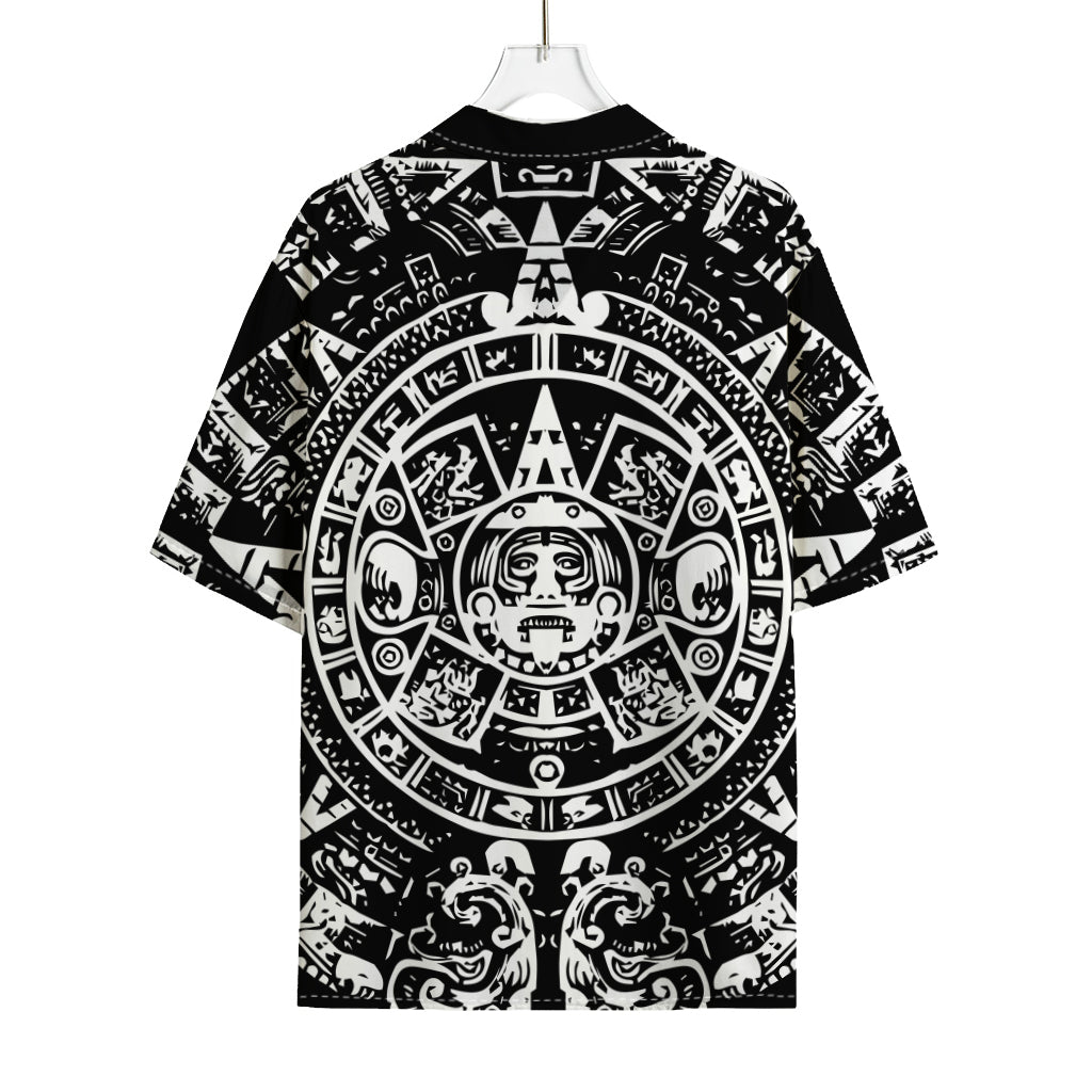 Black And White Maya Calendar Print Rayon Hawaiian Shirt