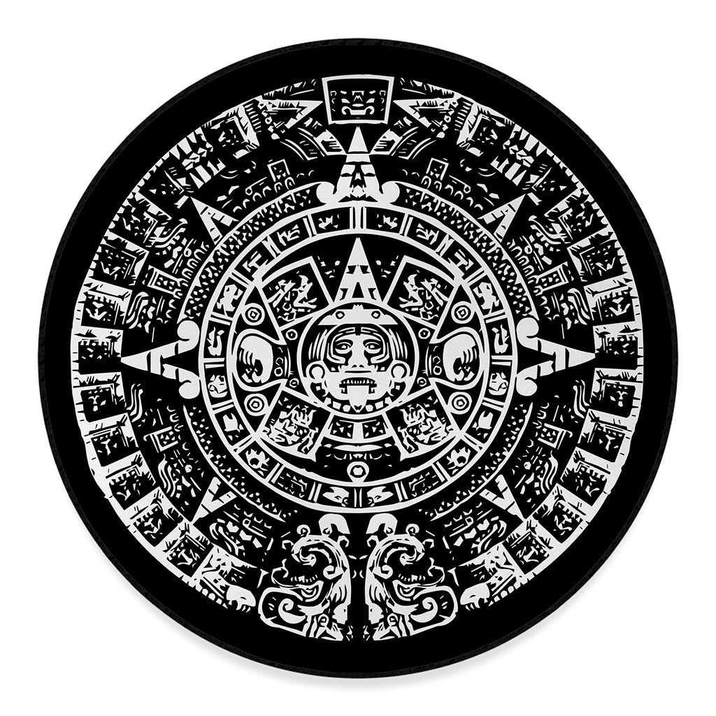 Black And White Maya Calendar Print Round Floor Mat