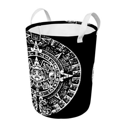 Black And White Maya Calendar Print Round Laundry Basket