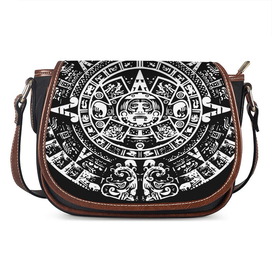Black And White Maya Calendar Print Saddle Bag