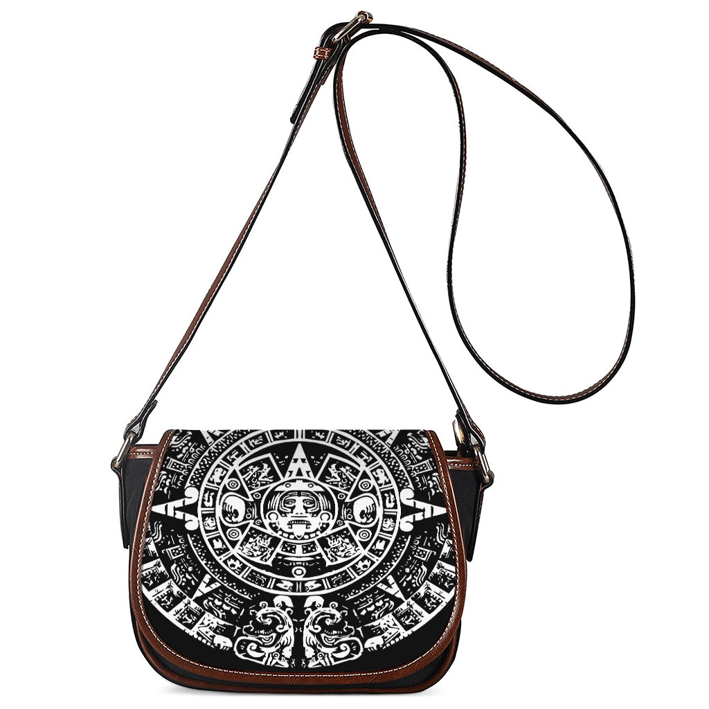 Black And White Maya Calendar Print Saddle Bag