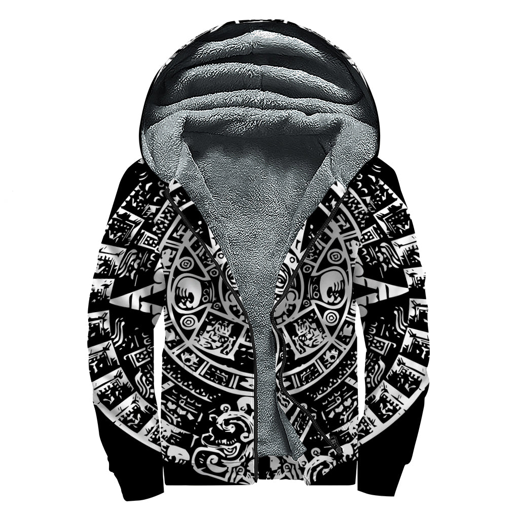 Black And White Maya Calendar Print Sherpa Lined Zip Up Hoodie