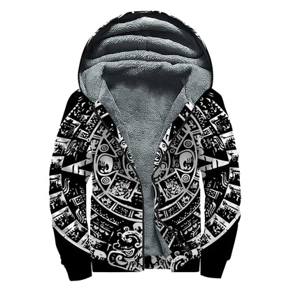 Black And White Maya Calendar Print Sherpa Lined Zip Up Hoodie