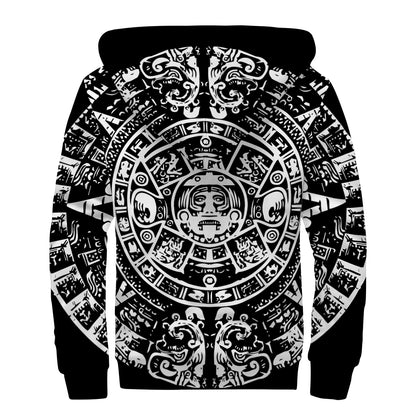 Black And White Maya Calendar Print Sherpa Lined Zip Up Hoodie