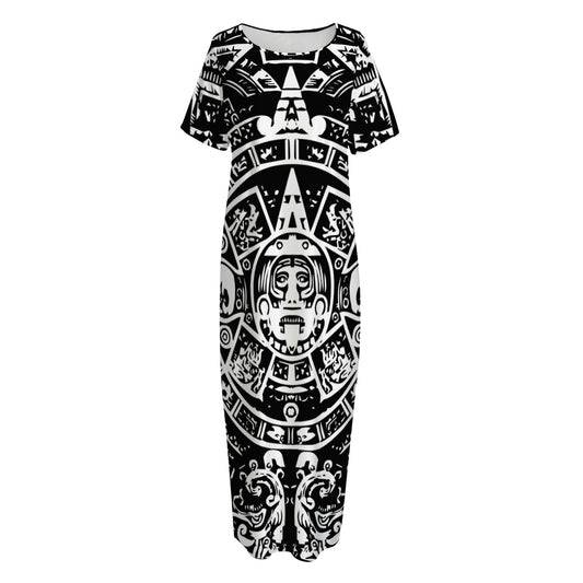 Black And White Maya Calendar Print Short Sleeve Long Nightdress