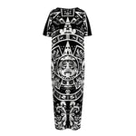 Black And White Maya Calendar Print Short Sleeve Long Nightdress