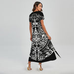 Black And White Maya Calendar Print Short Sleeve Maxi Dress