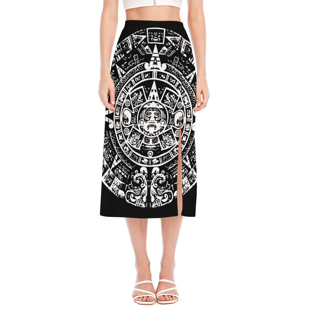 Black And White Maya Calendar Print Side Slit Midi Skirt
