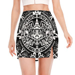 Black And White Maya Calendar Print Side Slit Mini Skirt
