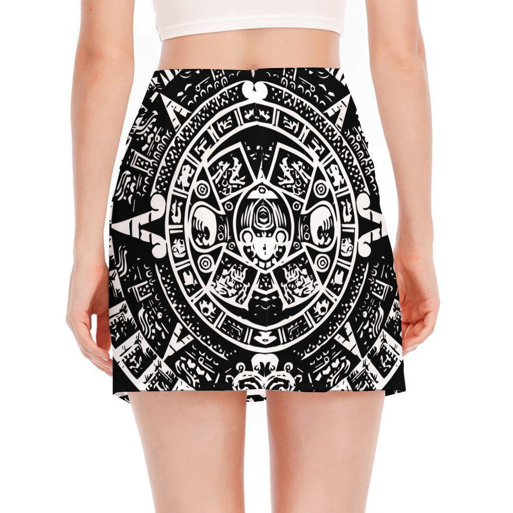 Black And White Maya Calendar Print Side Slit Mini Skirt