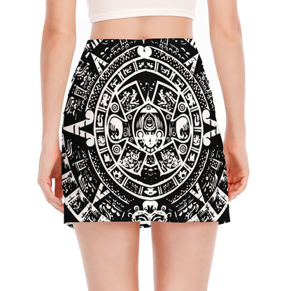 Black And White Maya Calendar Print Side Slit Mini Skirt
