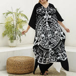 Black And White Maya Calendar Print Silk V-Neck Kaftan Dress