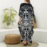 Black And White Maya Calendar Print Silk V-Neck Kaftan Dress