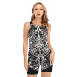 Black And White Maya Calendar Print Sleeveless One Piece Swimsuit