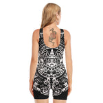 Black And White Maya Calendar Print Sleeveless One Piece Swimsuit