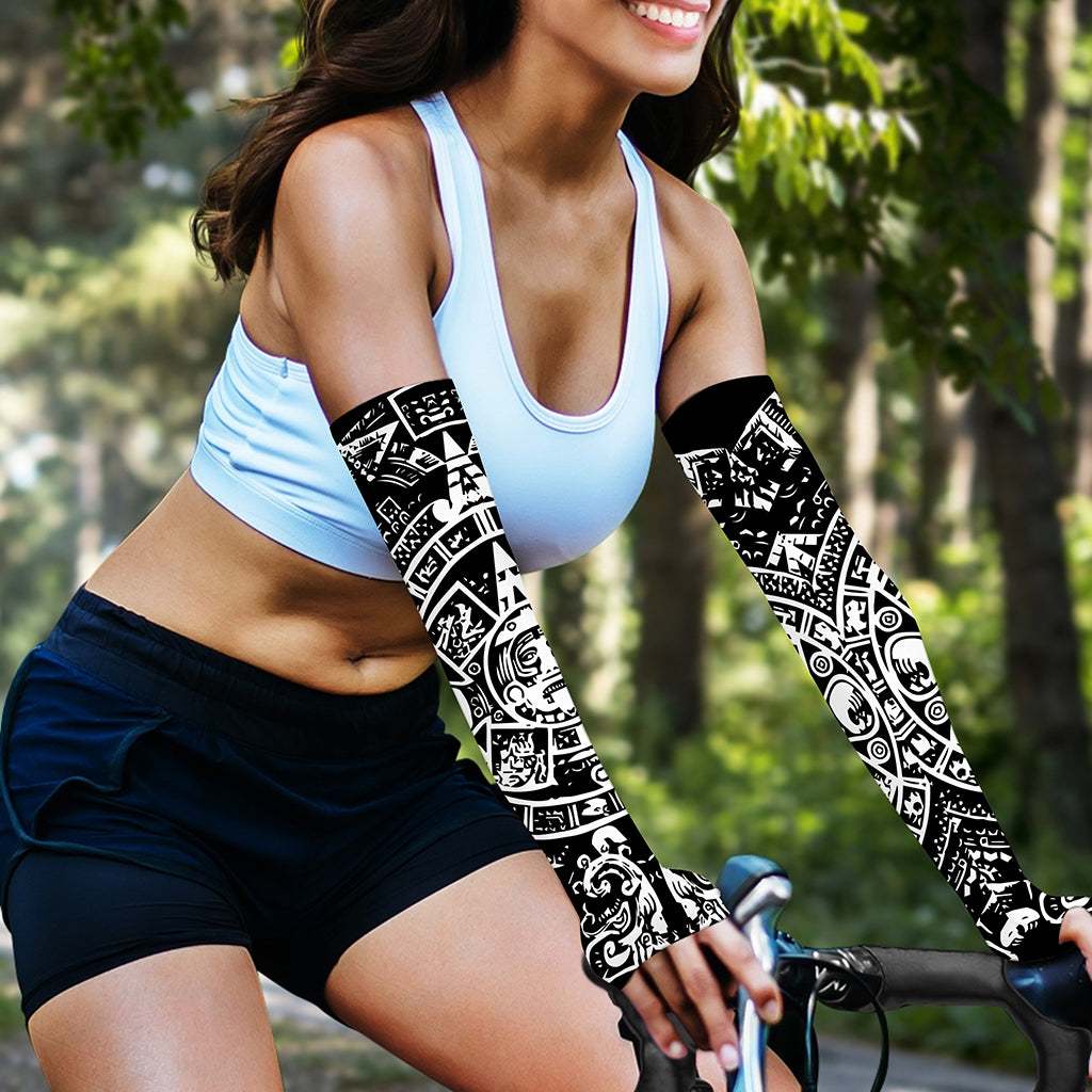 Black And White Maya Calendar Print Sun Protection Arm Sleeves