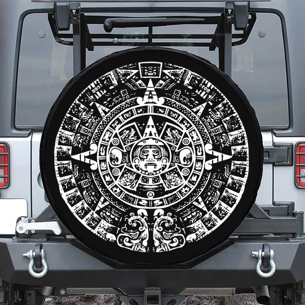 Black And White Maya Calendar Print Tire Cover