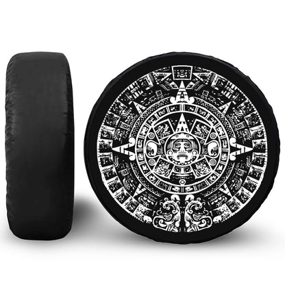 Black And White Maya Calendar Print Tire Cover