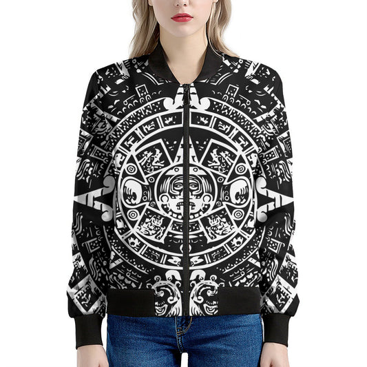 Black And White Maya Calendar Print Women's Bomber Jacket