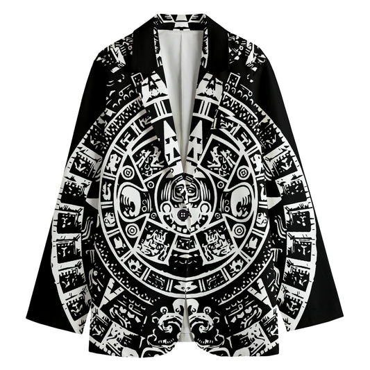 Black And White Maya Calendar Print Women's Cotton Blazer