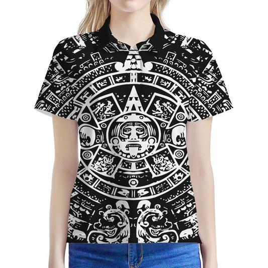 Black And White Maya Calendar Print Women's Polo Shirt