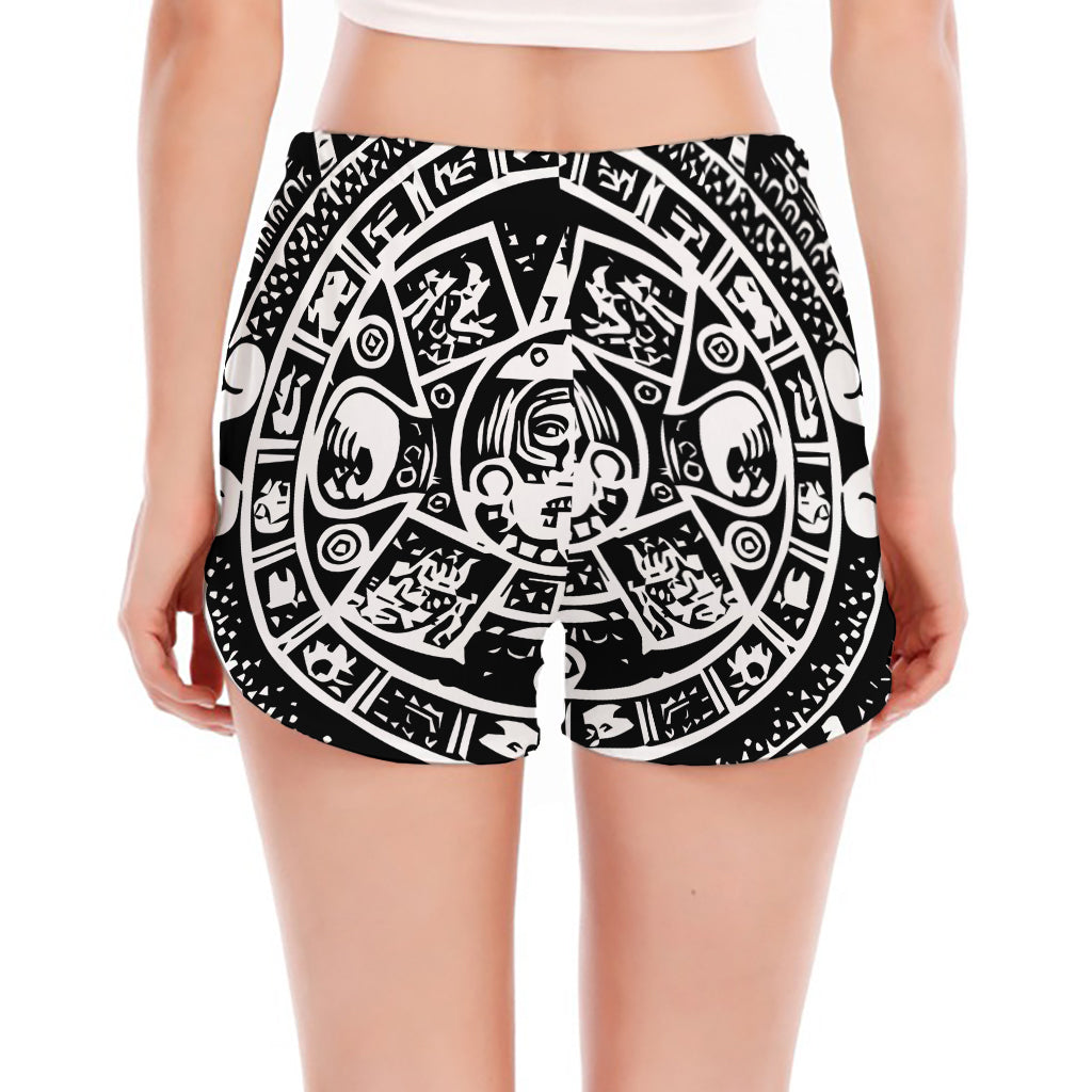 Black And White Maya Calendar Print Women's Split Running Shorts