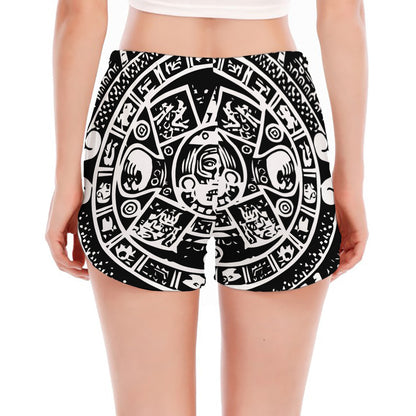 Black And White Maya Calendar Print Women's Split Running Shorts