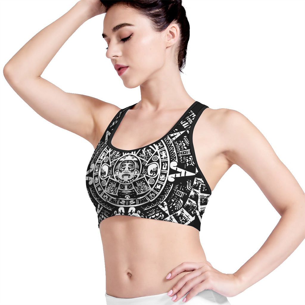 Black And White Maya Calendar Print Women's Sports Bra