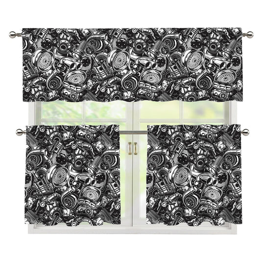 Black And White Mechanic Pattern Print 3 Piece Kitchen Curtains