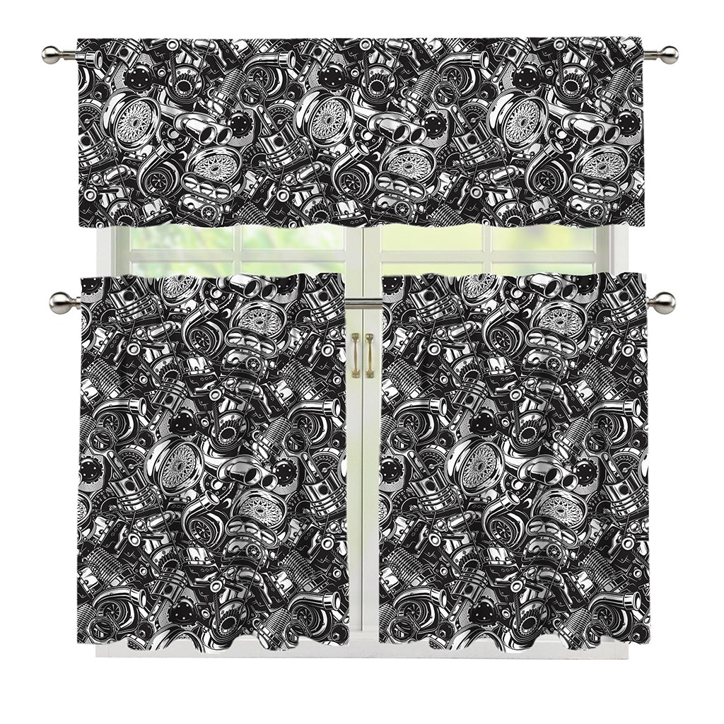Black And White Mechanic Pattern Print 3 Piece Kitchen Curtains