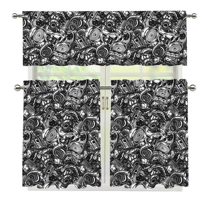 Black And White Mechanic Pattern Print 3 Piece Kitchen Curtains