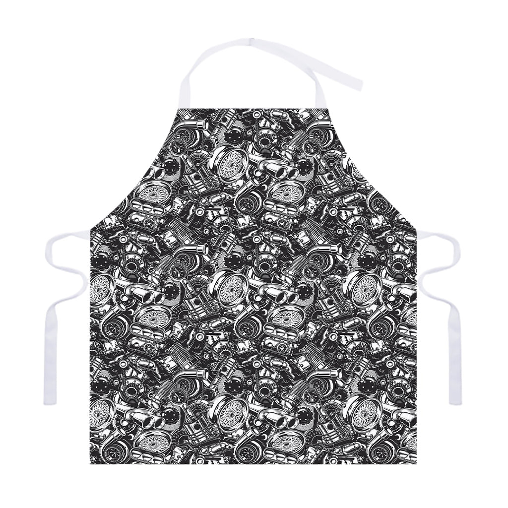 Black And White Mechanic Pattern Print Adjustable Apron