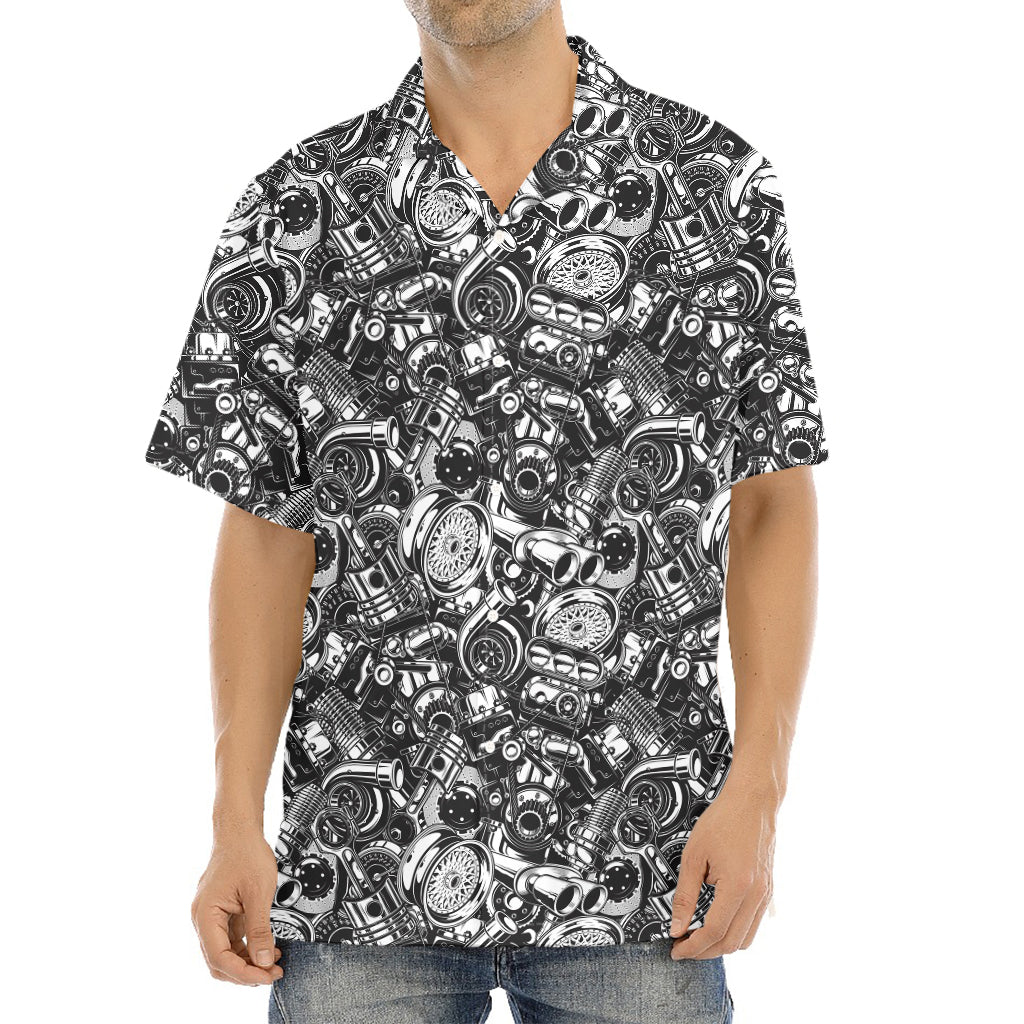 Black And White Mechanic Pattern Print Aloha Shirt