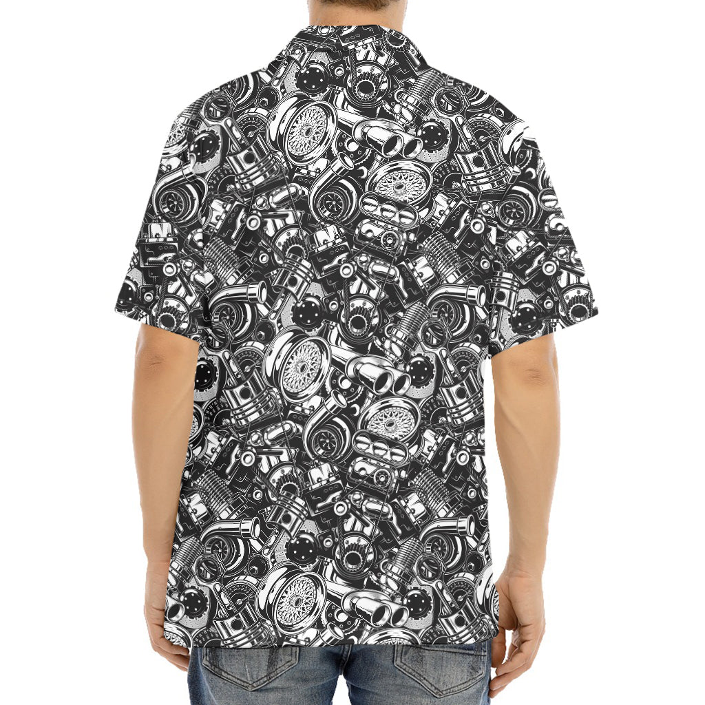 Black And White Mechanic Pattern Print Aloha Shirt