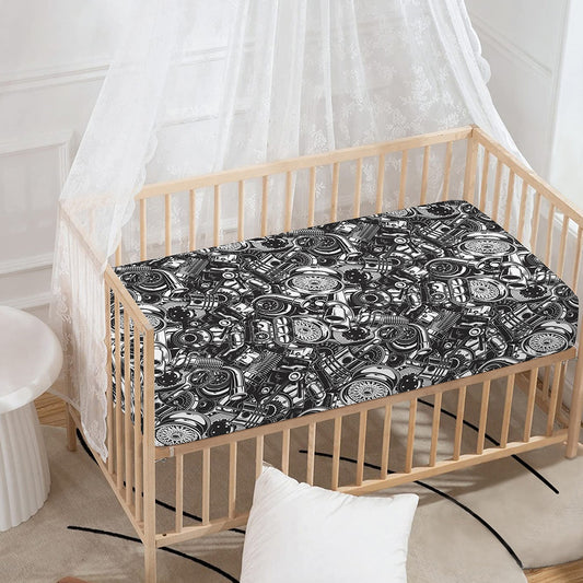 Black And White Mechanic Pattern Print Baby Crib Sheet