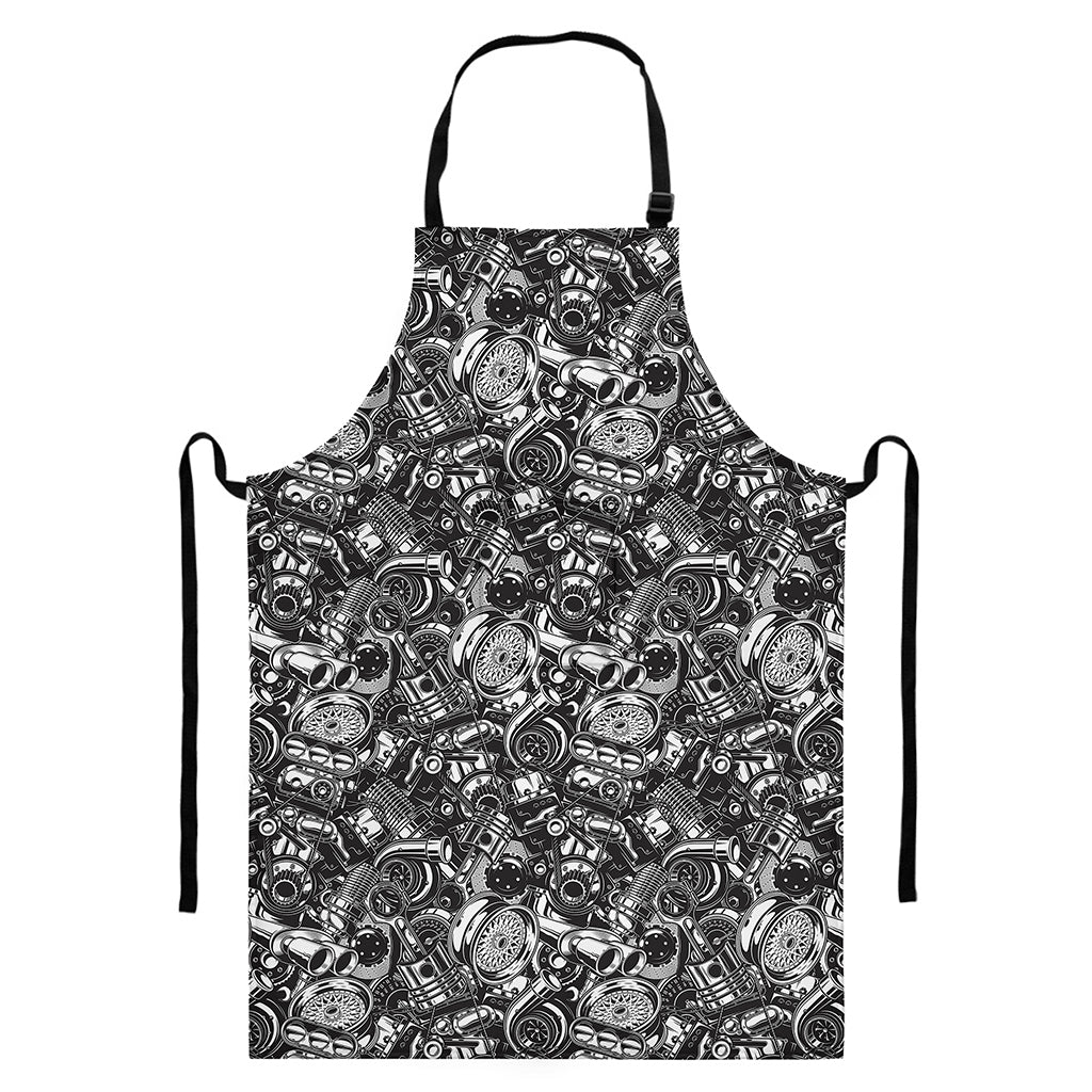 Black And White Mechanic Pattern Print Bib Apron With Pocket