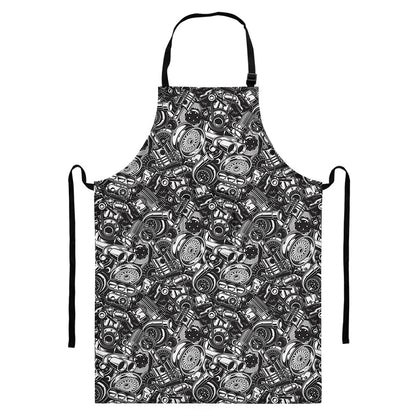 Black And White Mechanic Pattern Print Bib Apron With Pocket