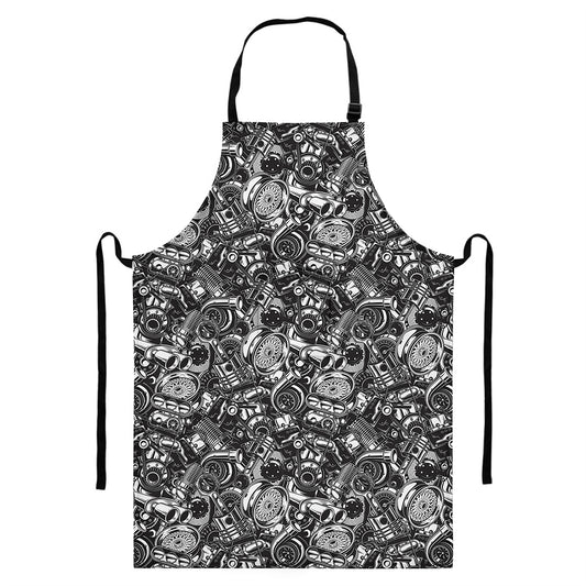 Black And White Mechanic Pattern Print Bib Apron With Pocket
