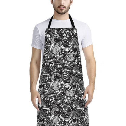 Black And White Mechanic Pattern Print Bib Apron With Pocket