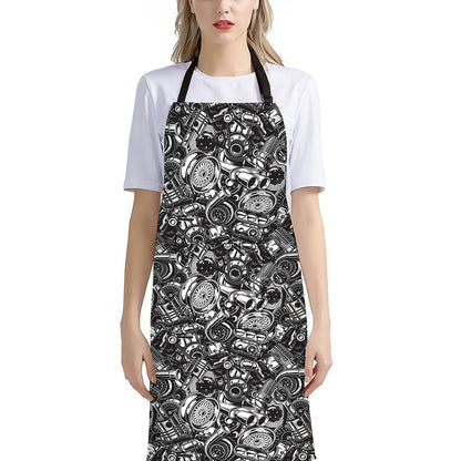 Black And White Mechanic Pattern Print Bib Apron With Pocket