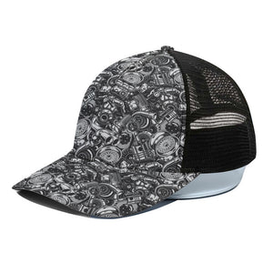 Black And White Mechanic Pattern Print Black Mesh Trucker Cap