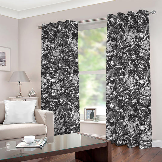 Black And White Mechanic Pattern Print Blackout Grommet Curtains